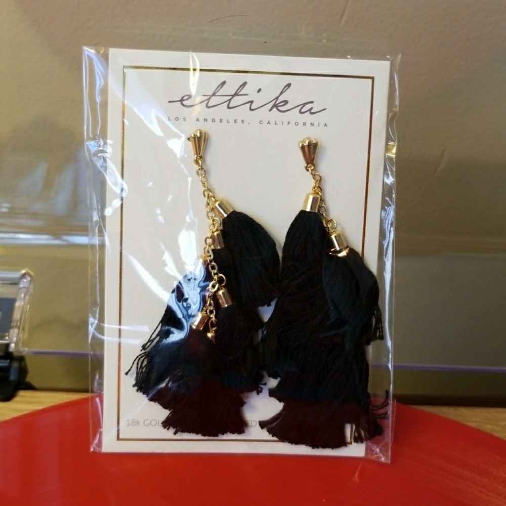 Ettika Black Fringe Tassel Gold Earrings